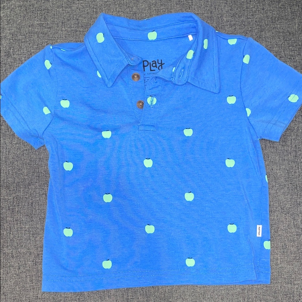 Little Sleepies tiny orchard Blue Polo with Green Apple Print